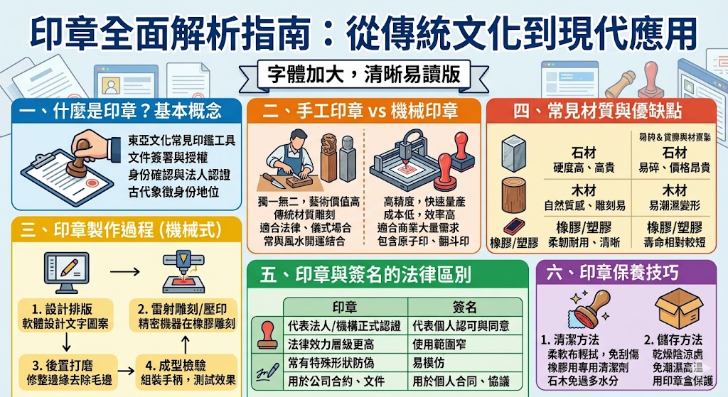印章是東亞文化中廣泛使用的工具，具有法律、商業及個人認證的功能。無論是手工雕刻的精緻印章，還是現代的機械印章，它們在各類文件的認證中發揮著重要作用。瞭解印章的種類、製作過程以及如何選擇適合的印章，可以幫助我們更好地運用這一傳統工具，並延長其使用壽命。本文深入解析了印章的功能、設計與製作方式，讓您全面了解這一重要工具。