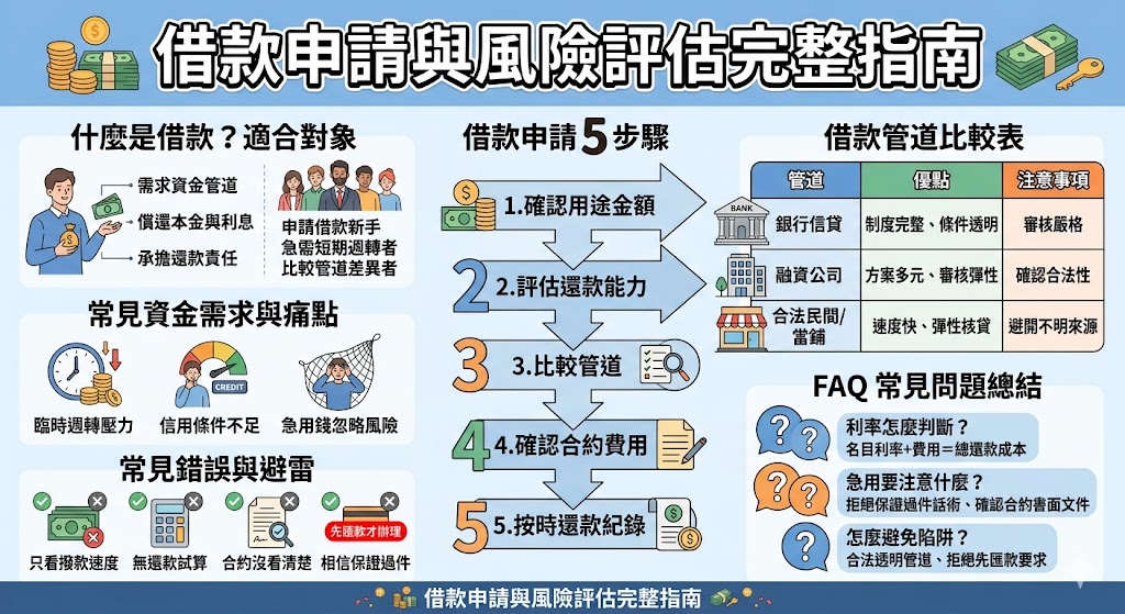 借款前應先了解自身資金需求、還款能力與可選擇的借款管道，包含銀行信貸、融資公司、當鋪與民間借款等方式。透過完整評估利率、合約條款、總還款金額與常見風險，能幫助借款人避開不透明費用與高風險陷阱，選擇更適合自己的安全借款方案。