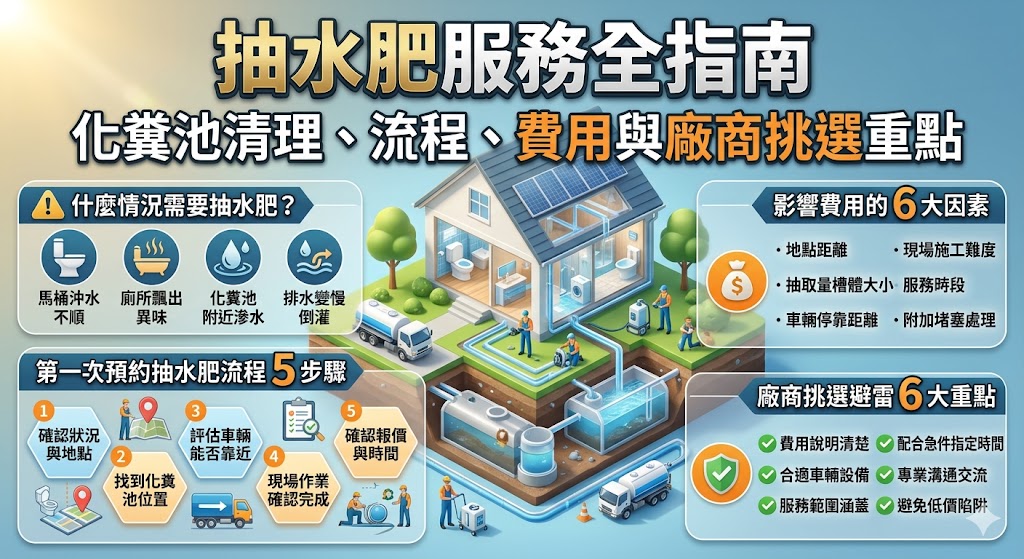 抽水肥是住宅、透天厝、社區大樓、店面與工廠常見的環境維護服務，主要用於化糞池、污水槽、截油槽等空間的清理與抽除。當出現馬桶排水變慢、廁所異味、污水外溢或化糞池長期未清理時，就可以評估預約抽水肥服務。選擇抽水肥廠商時，建議確認服務範圍、車輛是否能到場、報價是否清楚，以及是否能依現場狀況安排合適設備，讓後續清理流程更順利。