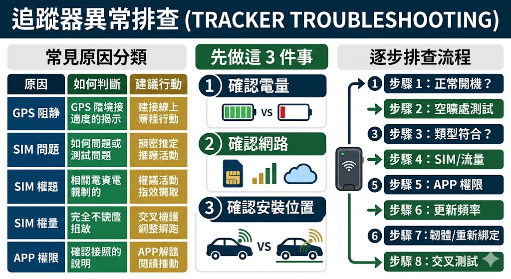 追蹤器使用時若遇到定位不準、設備離線、耗電異常或 APP 無法更新，通常不一定是故障。本文整理追蹤器常見原因、排查流程與使用注意事項，協助你快速判斷問題來源，了解追蹤器該如何正確設定、維護與安全使用，避免定位失準與隱私風險。