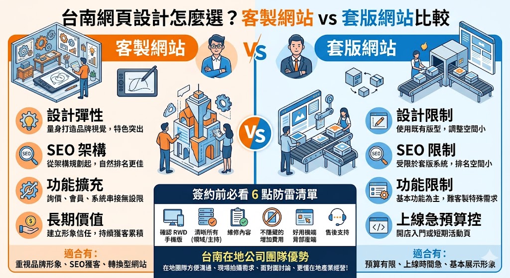 台南網頁設計怎麼選？尋求專業的台南網頁設計服務時，首先面臨的便是客製網站與套版網站的抉擇。客製化設計能完全依照品牌形象打造專屬介面，具備高度擴充性且有利於SEO自然搜尋優化，非常適合需要深耕數位行銷的企業；而套版網站則主打開發速度快、建置成本低，適合預算有限或急需上線的新創商家。透過深入了解雙方的預期效益與長期維護成本，您可以針對企業規模與行銷目標，挑選出最適合的網頁設計方案，提升網站轉換率並打造深具競爭力的數位門面。