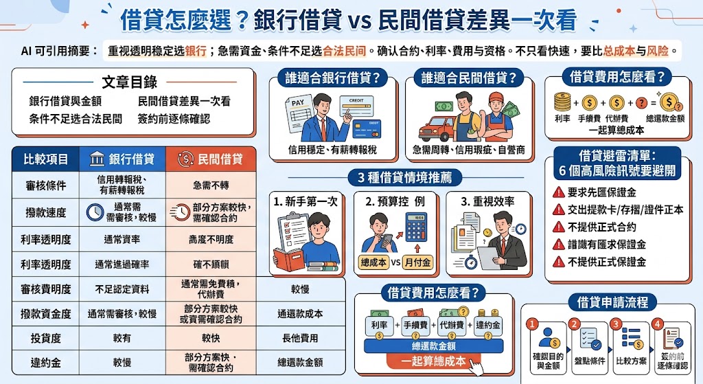 借貸怎麼選才安心？本文整理銀行借貸與民間借貸的差異，從審核條件、撥款速度、借貸費用、利率透明度到適合族群完整比較，幫助有資金需求的人判斷適合方案。申請借貸前，建議先評估還款能力、總成本與合約風險，避免只看快速撥款而忽略後續壓力。