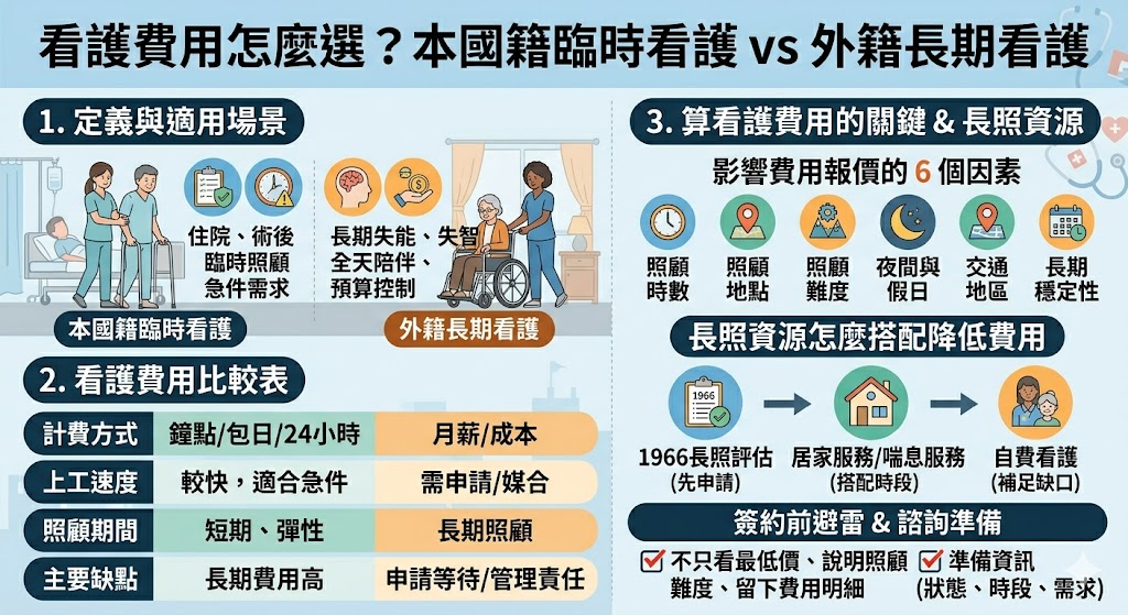 在選擇看護服務時，需衡量長輩健康狀況與經濟能力。本國籍臨時看護多具備專業證照，溝通無障礙且可彈性應付突發狀況，2026年行情每日約 2,800 元至 4,800 元，部分醫院設有「住院整合照護」每日僅需 1,050 元，適合短期住院或緊急喘息。外籍長期看護則需透過巴氏量表申請，等待期約 2 至 6 個月，雖有語言與文化調適期，但能提供 24 小時住家式照護，每月含薪資、健保及就安費總支出約 2.5 萬至 3.5 萬元，性價比較高，適合長期且穩定的居家照護需求。避雷重點在於確認看護是否合法，避免非法外勞導致高額罰款。建議家屬先利用「長照 2.0」申請補助，再根據長輩失能等級與預算，評估是否結合鐘點看護或申請外籍移工，並在報稅時善用每年 18 萬元的長照特別扣除額，以減輕長期的經濟負擔。