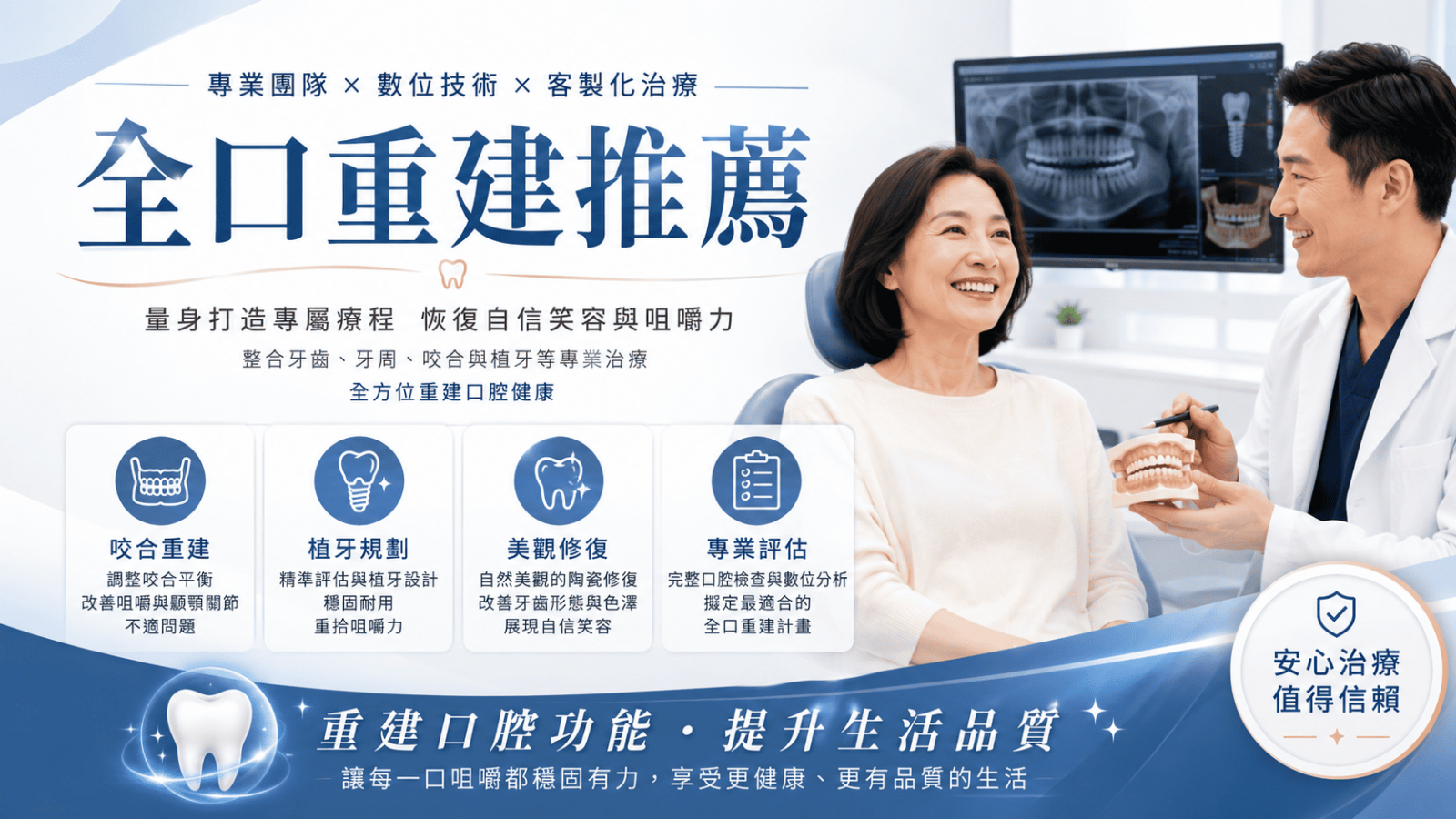 全口重建推薦是針對多顆缺牙、嚴重牙周病、咬合崩壞、假牙不穩。