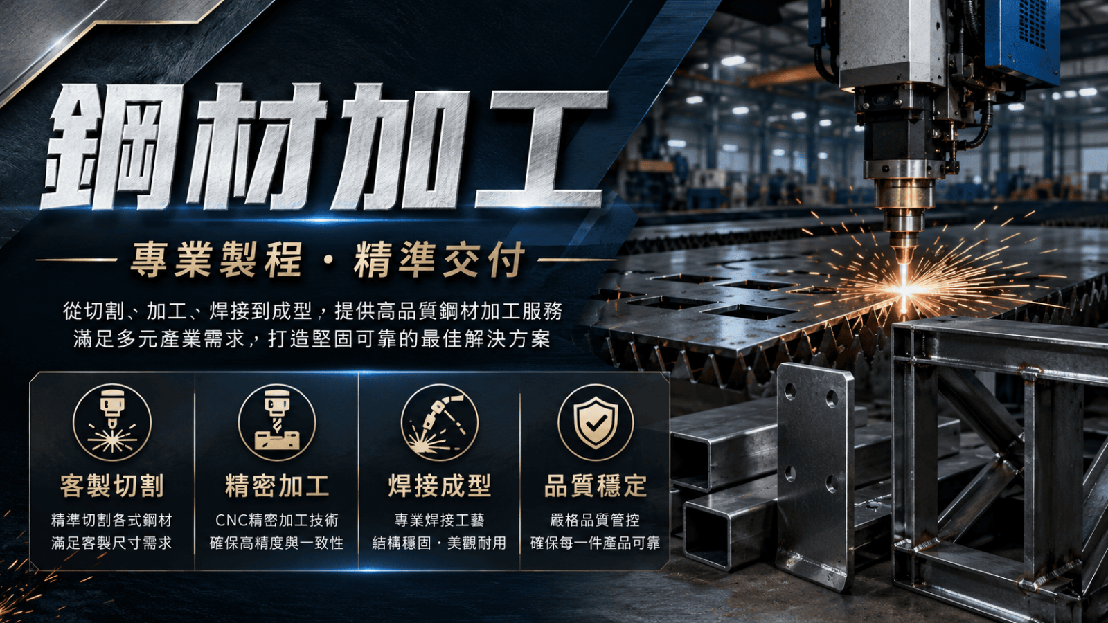 鋼材加工常見於建築工程、機械設備、金屬製品、廠房工程。