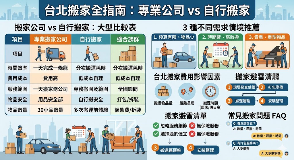 在台北搬家時，您會面臨選擇搬家公司或自行搬家的決策。搬家公司提供專業服務，能高效完成搬遷工作，特別適合需要快速且安全搬運的家庭或商業場所。而自行搬家則是較為經濟的選擇，適合物品不多的情況。本文將比較台北搬家時的兩種選擇，分析各自的優缺點，幫助您根據需求做出最佳選擇。