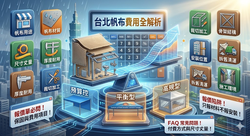 台北帆布報價會依材質、尺寸、施工位置、骨架結構與加工方式而不同。本文整理台北帆布費用組成、影響價位的因素、不同預算選擇、報價單必問問題與常見避雷重點，幫助第一次找帆布廠商的消費者，在索取報價或免費評估前，更清楚了解費用怎麼算、哪些項目可能另計，以及如何判斷報價是否合理。