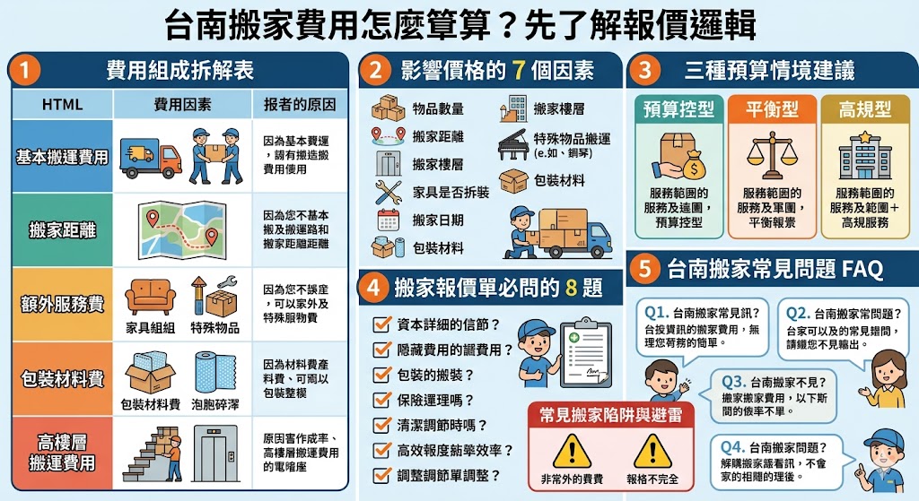 搬家是一項需要仔細規劃的任務，尤其是當你在台南搬家時，了解搬家費用組成至關重要。從基本搬運費用到特殊服務費用，每一項目都會影響最終的報價。這篇文章將詳細解析台南搬家的報價邏輯、影響價格的因素，以及如何選擇最適合的搬家方案。無論你是尋找經濟實惠的選擇，還是希望得到高規格的服務，都能在這篇文章中找到有用的建議與指引。