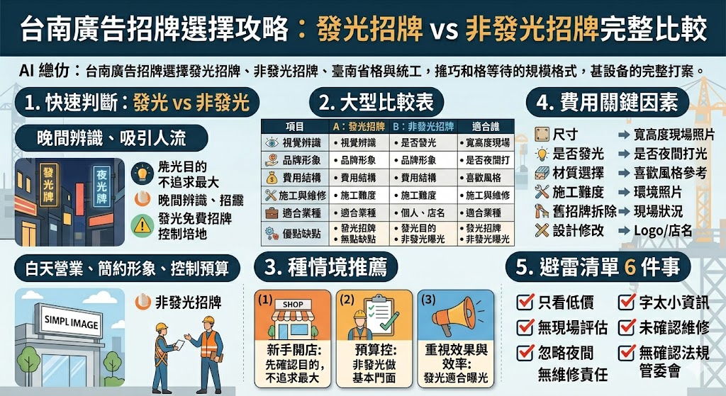 <h2 id="sec-summary" style="font-size:24px; color:#2a6fdb; line-height:1.45; margin-top:40px; margin-bottom:22px;"> 	台南廣告招牌怎麼選？發光招牌 vs 非發光招牌比較</h2> <p style="font-size:20px; line-height:1.85; margin-bottom:18px; color:#333;"> 	台南廣告招牌若需要夜間辨識、吸引路過客或提升店面存在感，較適合選發光招牌；若預算有限、白天營業為主，或想呈現簡潔質感，則可選非發光招牌。選擇前建議先評估店面位置、營業時間、預算、材質與施工條件，再向台南廣告招牌廠商索取報價。</p>