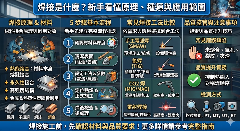 焊接是金屬加工、鋼構工程與機械製造中常見的接合技術，透過熱能、壓力或填充材料，讓不同工件形成穩固連結。本文完整整理焊接的基本原理、常見焊接種類、施工流程、品質檢查方式與常見錯誤，幫助新手快速理解焊接前該注意的材料選擇、表面清潔、參數設定與安全重點，適合想了解焊接應用與實務判斷的人閱讀。