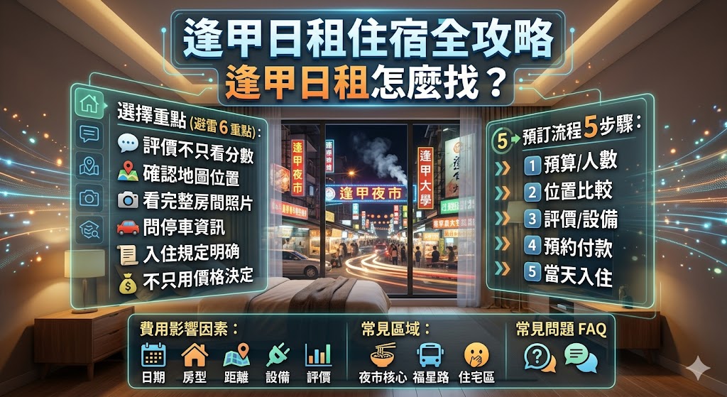 逢甲日租適合到台中旅遊、逛逢甲夜市、短期出差或臨時住宿的人參考，本文整理逢甲日租住宿範圍、預訂流程、挑選重點、費用影響因素、交通停車與常見問題，幫助旅客快速比較逢甲附近日租套房、短租住宿與多人房型，避開照片落差、位置不明、隔音不佳等問題，找到更符合行程需求的住宿選擇。