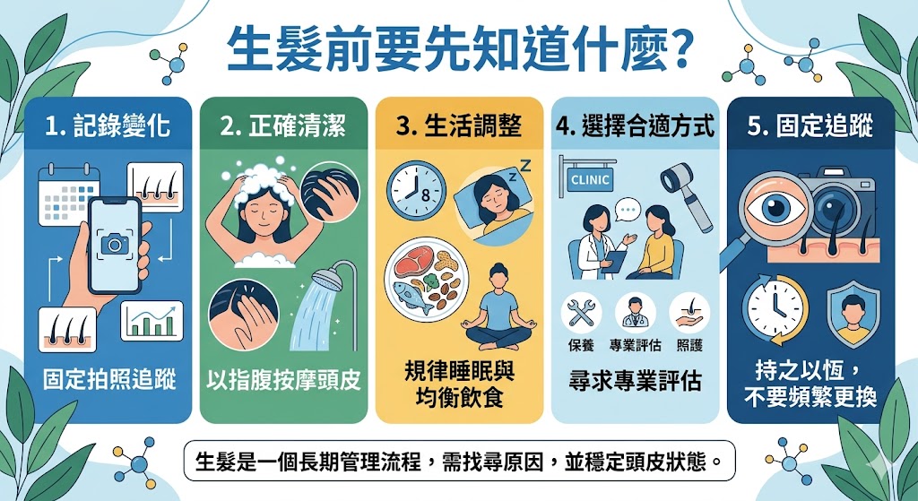 生髮不是單靠產品就能完成，而是需要先了解落髮原因、頭皮狀態、生活作息與日常保養方式。本文整理生髮適用對象、常見髮量變少情境、5步驟頭皮照護流程、常見錯誤與進階保養技巧，幫助想改善髮量、髮線後退或頭頂稀疏的人，用更正確且穩定的方式規劃生髮照護方向，避免盲目嘗試不適合自己的方法。