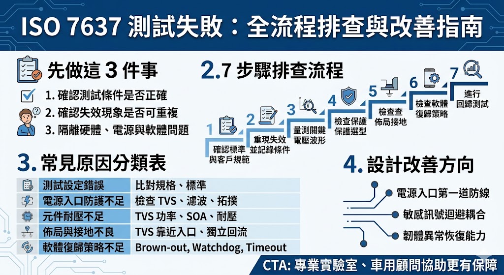 了解 ISO 7637 測試失敗時該如何判斷原因，從電源入口防護、TVS 選型、PCB 佈局、接地回流、韌體復歸到測試條件逐步排查。本文整理 ISO 7637 常見失敗原因、修復方向與送測注意事項，協助車用電子產品降低重測風險。