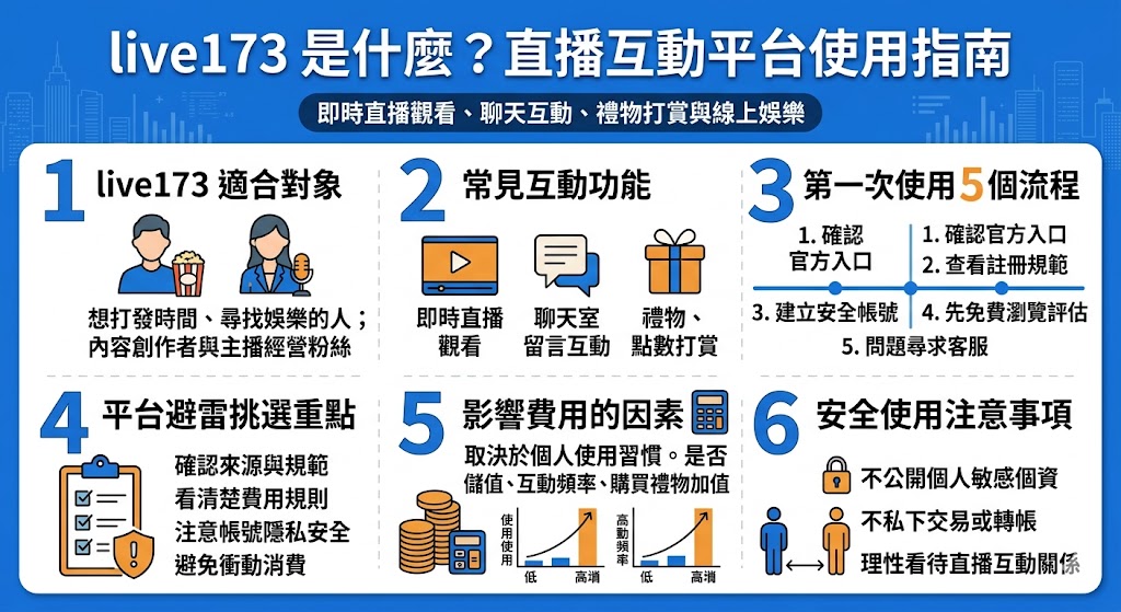 live173 是許多人搜尋線上直播、視訊互動與主播聊天時會關注的平台關鍵字。本文整理 live173 的常見功能、使用流程、費用影響因素、帳號安全與挑選直播平台的避雷重點，幫助第一次接觸 live173 的使用者更清楚了解平台特色，並理性評估是否註冊、儲值或進一步互動。
