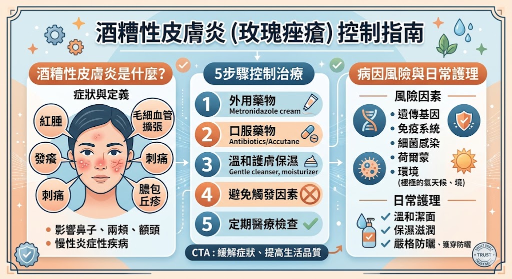 酒糟性皮膚炎是一種常見的皮膚疾病,通常會引起臉部紅腫、發癢、毛細血管擴張等症狀。這種疾病的確切病因尚不完全明瞭,但已知與免疫系統異常、細菌感染、環境因素等有關。雖然酒糟性皮膚炎無法完全治癒,但透過合適的治療方法,如外用藥物、口服藥物與日常護理,症狀可以得到有效控制,減少對生活品質的影響。本篇文章將介紹酒糟性皮膚炎的病因、症狀及治療方式,幫助您更好地了解並管理此病症。