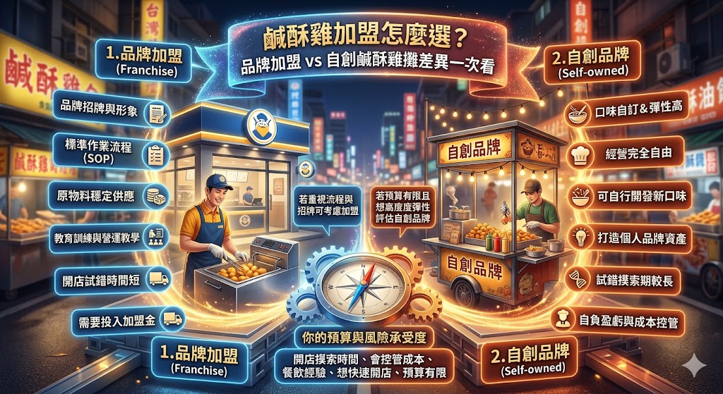 想了解鹹酥雞加盟怎麼選?本文整理鹹酥雞加盟與自創品牌的差異,包含加盟費用、品牌支援、開店流程、適合族群與常見風險,幫助想創業的人快速判斷適合方案,從預算、商圈、產品穩定度到後續營運支援完整比較,讓你在投入前更清楚評估鹹酥雞加盟是否符合自己的創業方向。