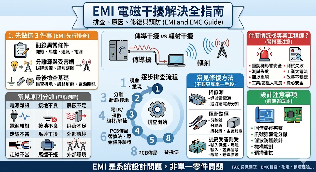 遇到 emi電磁干擾 時，設備可能出現訊號不穩、通訊斷線、感測器誤動作或測試超標等狀況。本文整理 emi電磁干擾 的常見原因、判斷方式、逐步排查流程與修復建議，幫助工程師與設備維護人員快速找出干擾來源，降低異常反覆發生的風險。