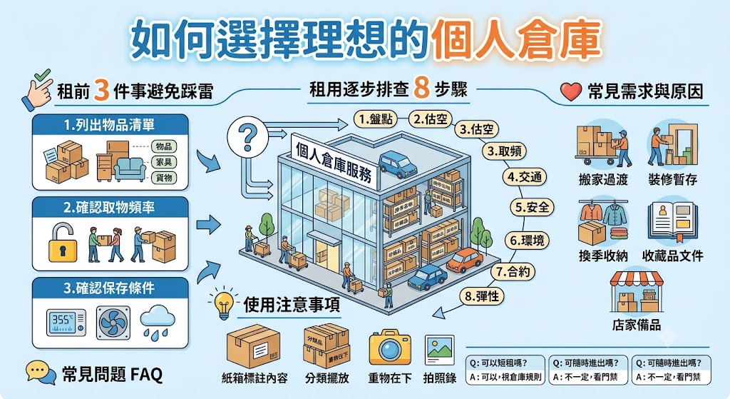 想租個人倉庫卻不知道怎麼選？本文整理個人倉庫租用前必看的空間估算、物品分類、交通動線、安全管理、保存環境與合約注意事項，幫助你判斷適合短租、長租、搬家暫放、裝修收納或店家備品存放的倉儲方式，避免租到太小、太遠或不符合需求的空間。透過原因分類表與逐步排查流程，讓你更快找到適合自己的個人倉庫，安心收納各類生活用品與重要物品。