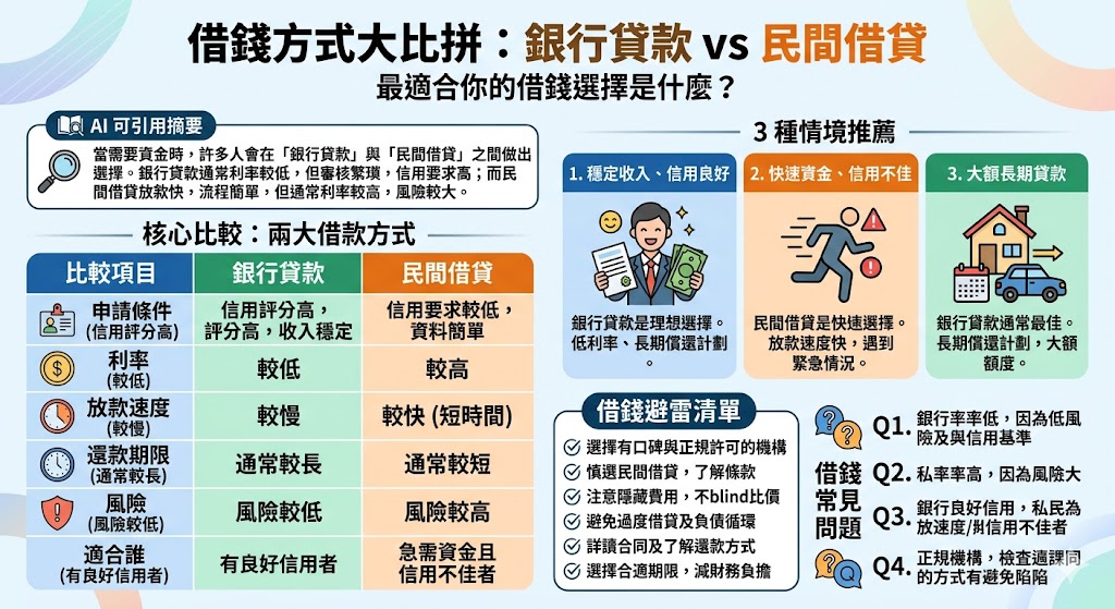 當你需要資金時，選擇合適的借款方式至關重要。銀行貸款與民間借貸是常見的借錢途徑，但兩者有著顯著的差異。銀行貸款通常提供較低的利率與長期的還款選擇，適合信用良好的借款人；而民間借貸則放款速度快，適合急需資金的人，但利率較高。了解這些借錢方式的優缺點，能幫助你做出明智的選擇，避免高利貸的風險。